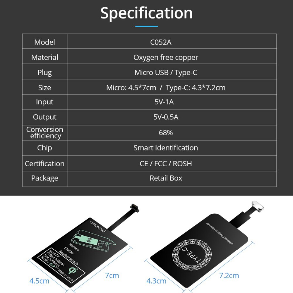 Portable Sticky USB Type-C Qi Wireless Charging Receiver for iPhone Android