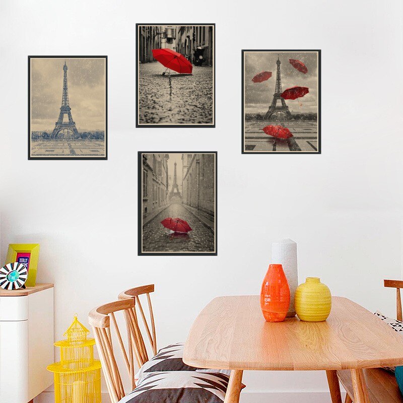 Eiffeltårnet med rød paraply på paris gade plakat kraftpapir vintage plakater væg klistermærke stue bar cafe indretning