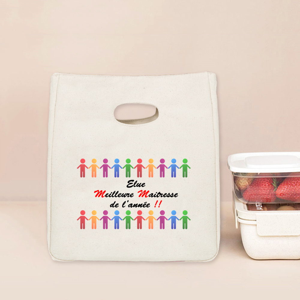 Merci Maitresse Maitre French Printed Lunch Bag Insulated Cooler Bento Tote Thermal Food Bags Teacher's Day for Teachers: black