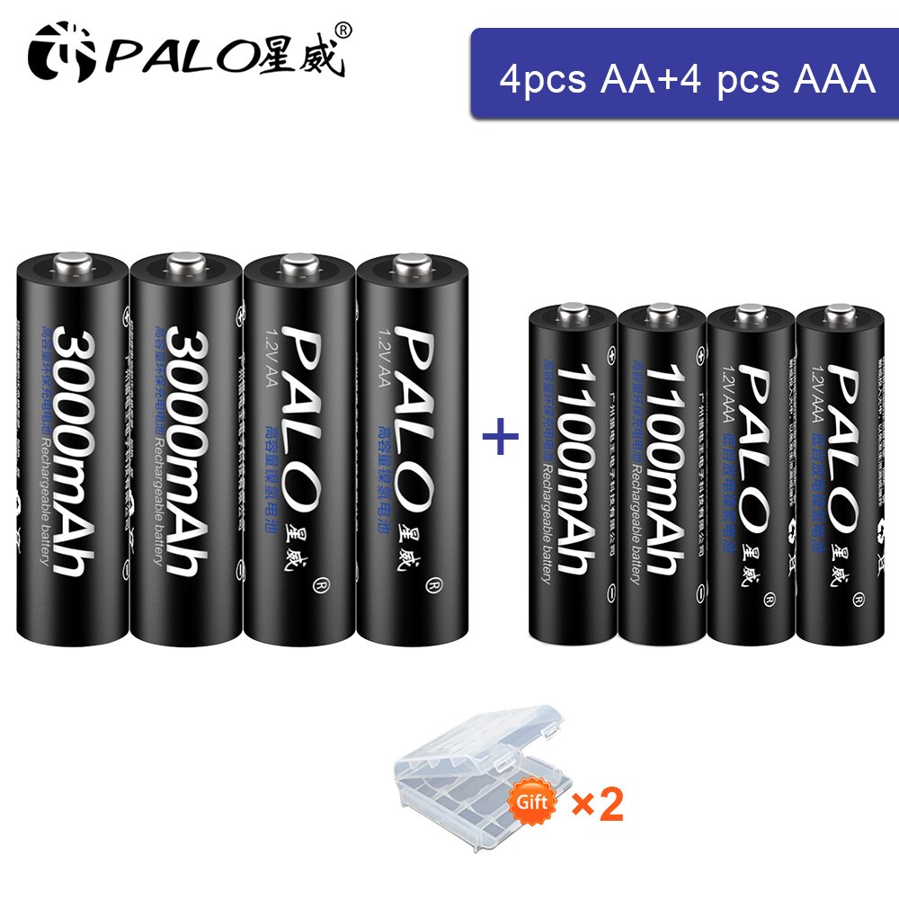 Palo 1.2V Aa Oplaadbare Batterij Aa + Aaa Batterij Oplaadbare Aaa 1.2V Ni-Mh Batterij + Smart Charger Aa aaa Batterij Oplader: 4AA and 4AAA