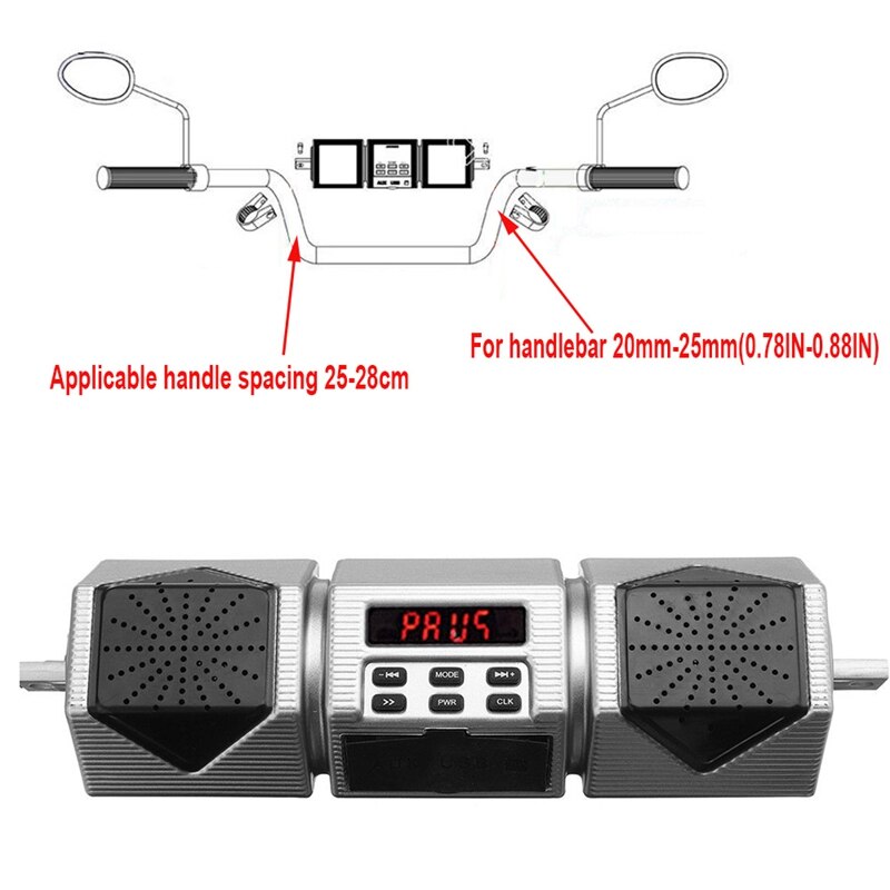 Reproductor de MP3 con Bluetooth para motocicleta, altavoz estéreo resistente al agua, manillar de Radio FM con pantalla LED plateada