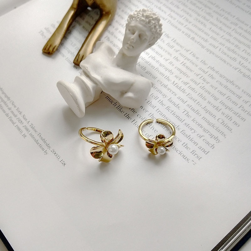 ANENJERY Dainty Jewelry Gold Color Flower Pearl Opening Ring For Women Party Jewelry S-R804
