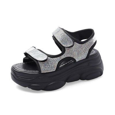 Sandales à talons compensés avec strass pour femmes, chaussures à plateforme, semelle épaisse, noir, blanc, nouvelle été: Black / 36