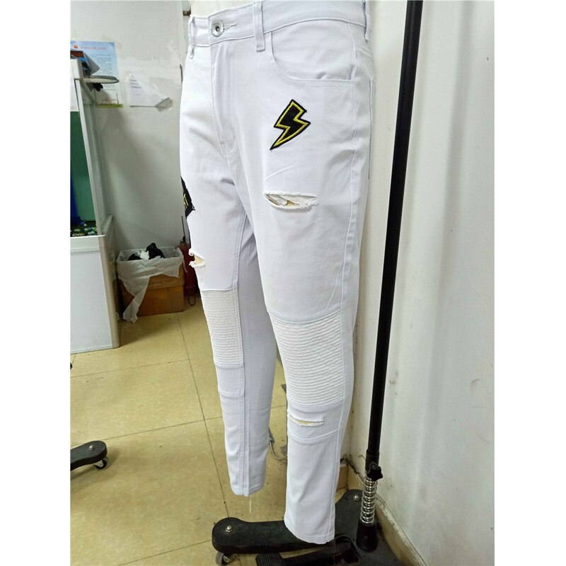 Białe męskie stylowe zgrywanie zniszczone obcisłe dżinsy rurki spodnie rowerzysta jeansy dla motocyklistów rozciągać dżinsowa ołówek długie spodnie legginsy Pantalon