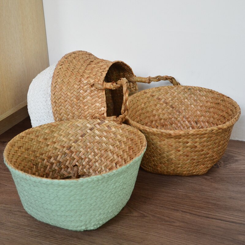 Boho Decor Foldable Handmade Rattan Storage Basket Folding Wicker Seagrass Belly Straw Garden Flower Pot Planter Panier Mimbre