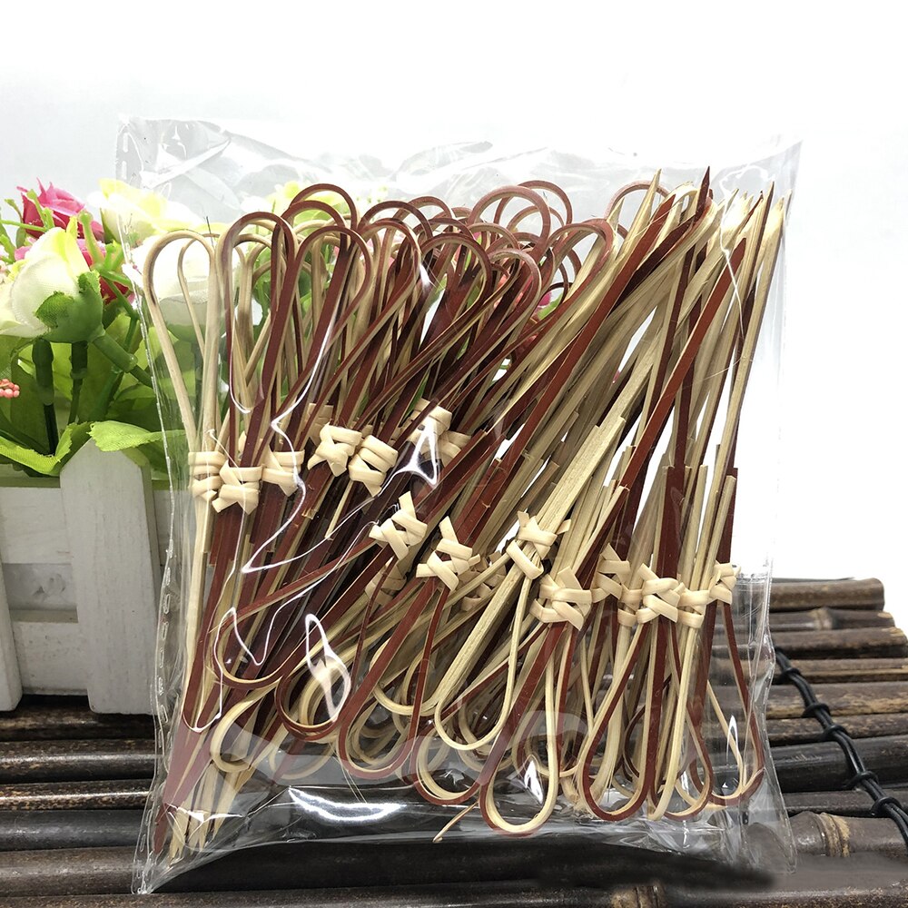 50Pcs Wegwerp Bamboe Stok Met Twisted End Schaar Vorm Voor Barbecue Snack Sandwich Fruit Bamboe Stok 12Cm lengte