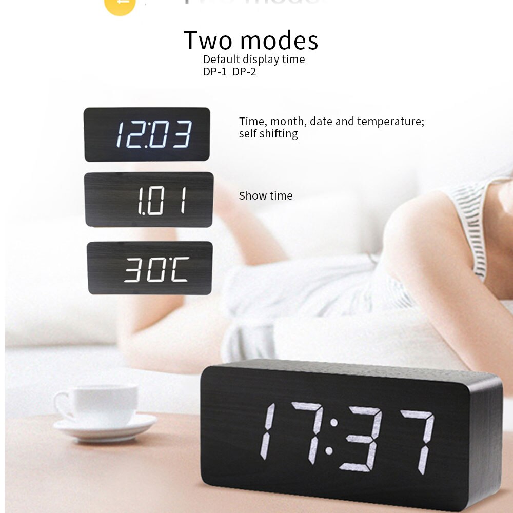 Electric LED Alarm Clock with Phone Wireless Charger Desktop Digital Thermometer Clock with Date 12/24 H Switch