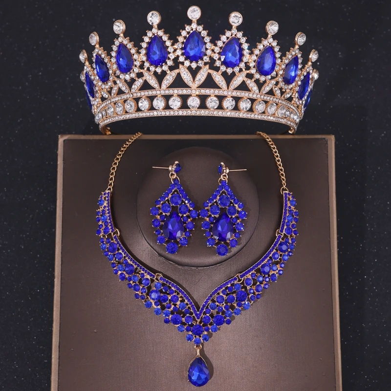 Ensemble de bijoux en biscuits pour patients, couronne en cristal, collier, boucles d'oreilles baroques, accessoires pour cheveux de mariage, de bijoux, 3 pièces: GRIS