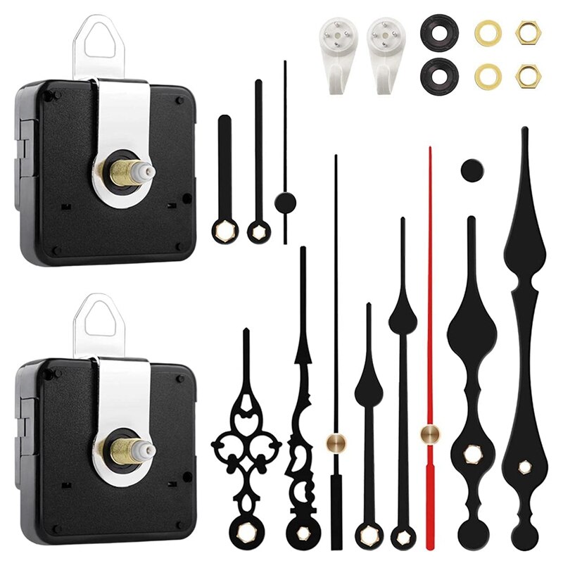 2Pcs High Torque Silent Clock Movement Mechanism with 4 Different Hands DIY Quartz Motor Kit Repair Parts Replacement
