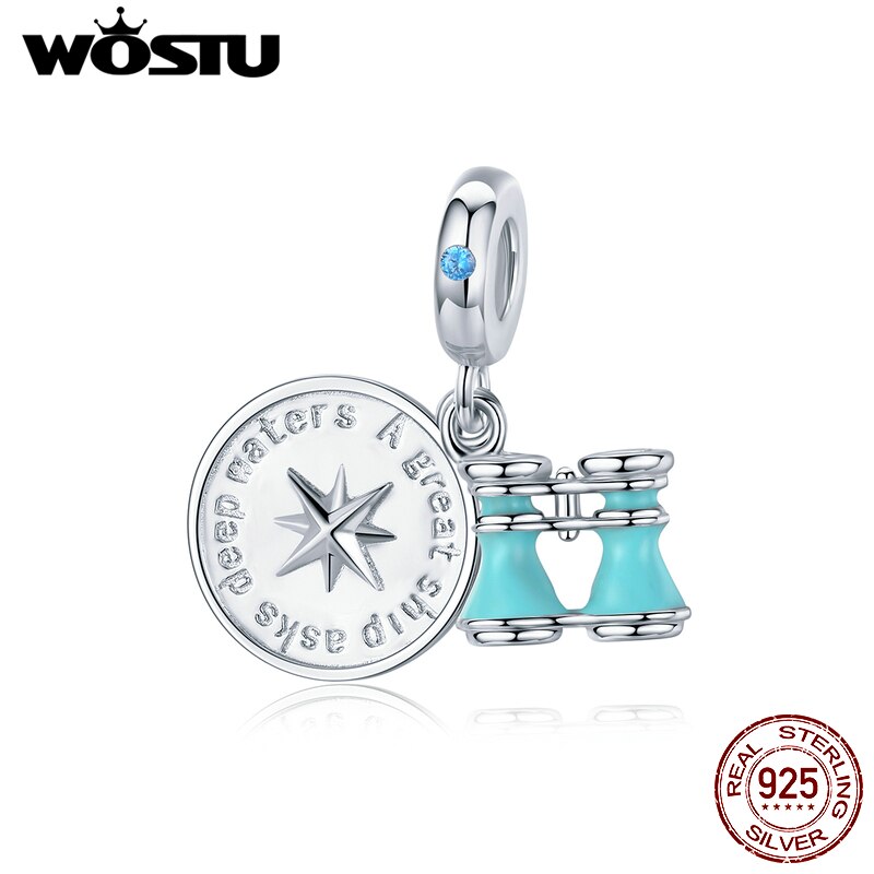 Wostu 925 sterlina d'argento Telescopio & Bussola Pendenti E Ciondoli Blu Dello Smalto Misura Branelli Del Braccialetto Originale Del Pendente Dei Monili Del Regalo CTC148