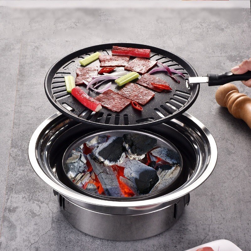 Stainless Steel Domestic Charcoal Barbecue Grill Commercial Round Non-stick Outdoor Camping Portable Charcoal Stove Kitchenware