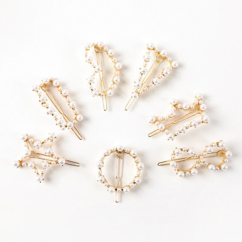 Pinza de pelo con perlas de imitación para mujer, broches de pelo hechos a mano con broche de estrella y corazón, accesorios geométricos para el cabello de Corea, 1 ud.