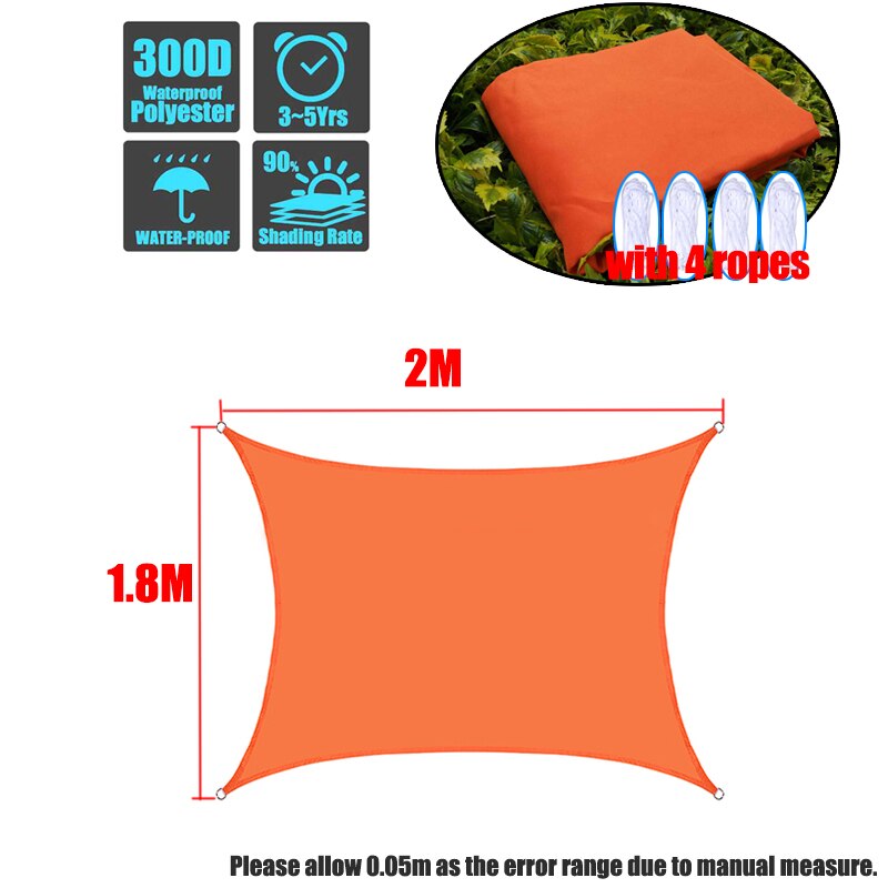 Waterproof Orange Square Rectangle All Size Shade Sail 300D UV Blocked Garden Terrace Canopy Swimming Sun Shade Camping Hiking: 1.8x2m