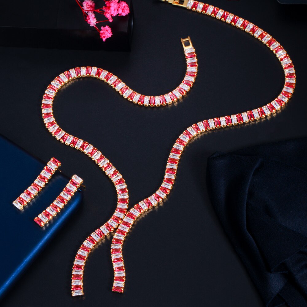 CWWZircons – ensemble de bijoux pour femmes, collier et boucles d'oreilles en CZ vert, accessoires de mariage de fiançailles, couleur or africain T533: Red