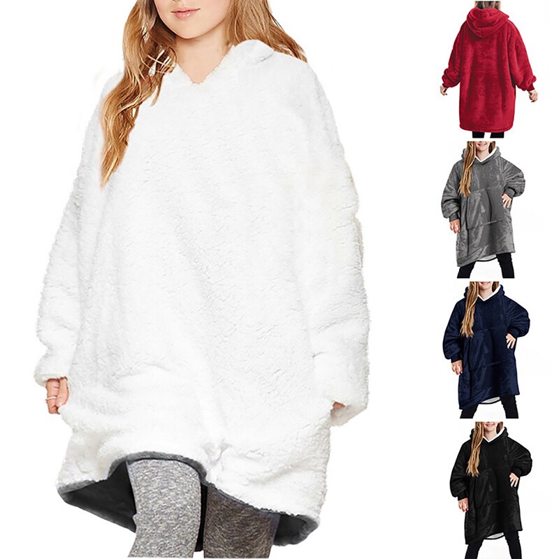 Winter Warm TV Sofa Blanket with Sleeves Fleece Pocket Hooded Weighted Blanket Adults Kids Oversized Sweatshirt Blanket for Bed