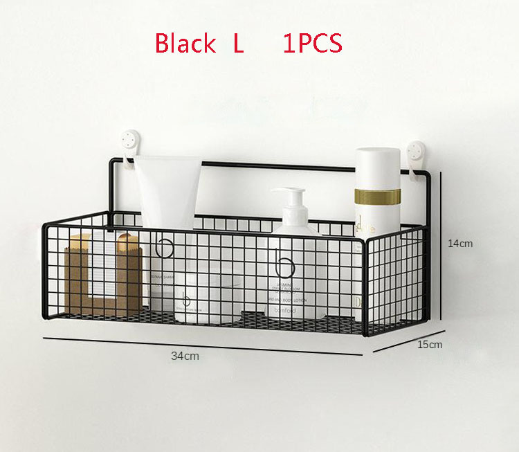 Black Wall-mounted bathroom shelf organizer Shampoo Rack Toilet Accessories Kitchen Free Punch Condiment Storage Basket: Black L 1PCS