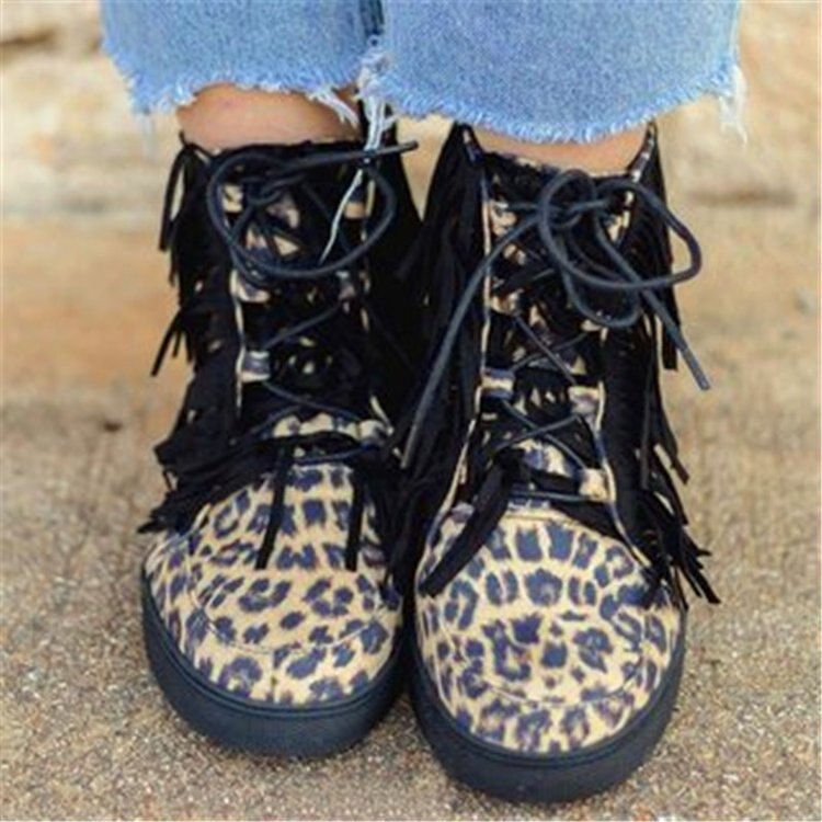 Martin boots damskor high-top canvas skor snörning ankel boots höst leopardmönstrade fransar