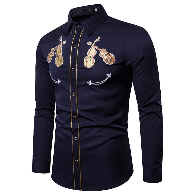 Mænds western cowboy violin broderi skjorte afslappet button down skjorter slim fit langærmede festskjorter personlighed: Marine blå / S bryst 100cm