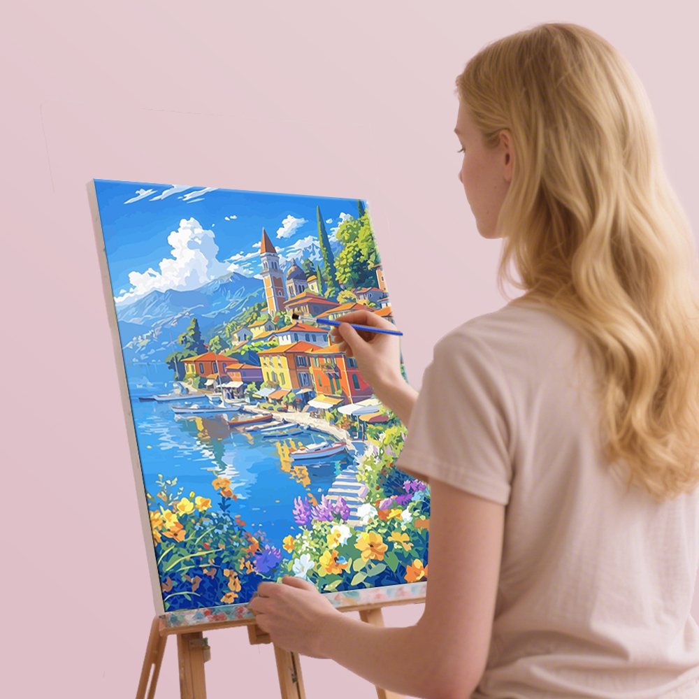 Schilderen op nummer Kits Italiaanse kuststadscène Artistieke achtergrond Digitaal olieverfschilderij Landschap Kleuren Artcraft Handverf