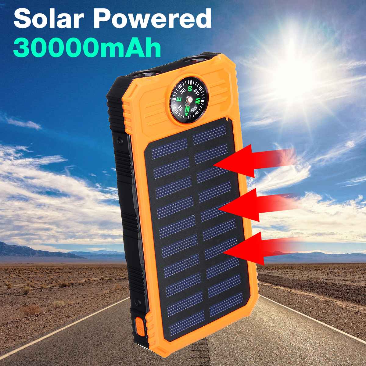 30000 Mah Solar Power Bank Waterdicht Solar Charger 2 Usb-poorten Travel Externe Lader Powerbank Met Kompassen Led Licht