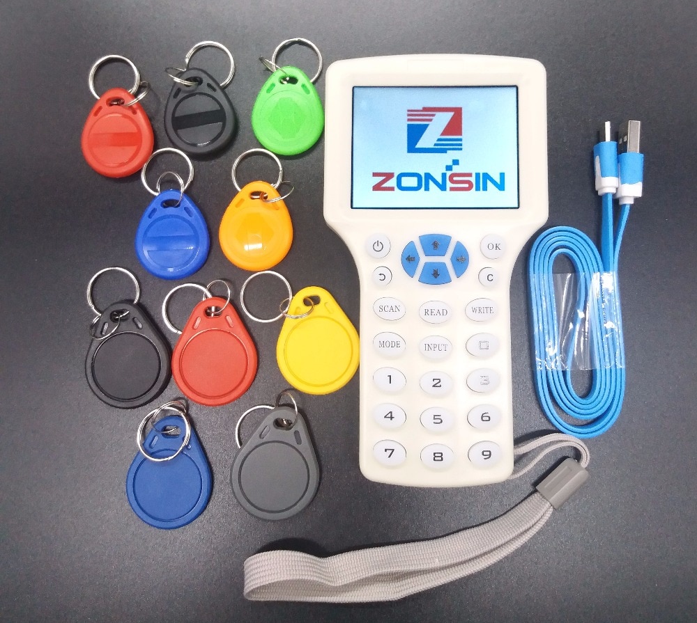 Copieur Rfid NFC portatif anglais, 10 fréquences + 5 porte-clés 125khz + 5 porte-clés UID 13.56mhz