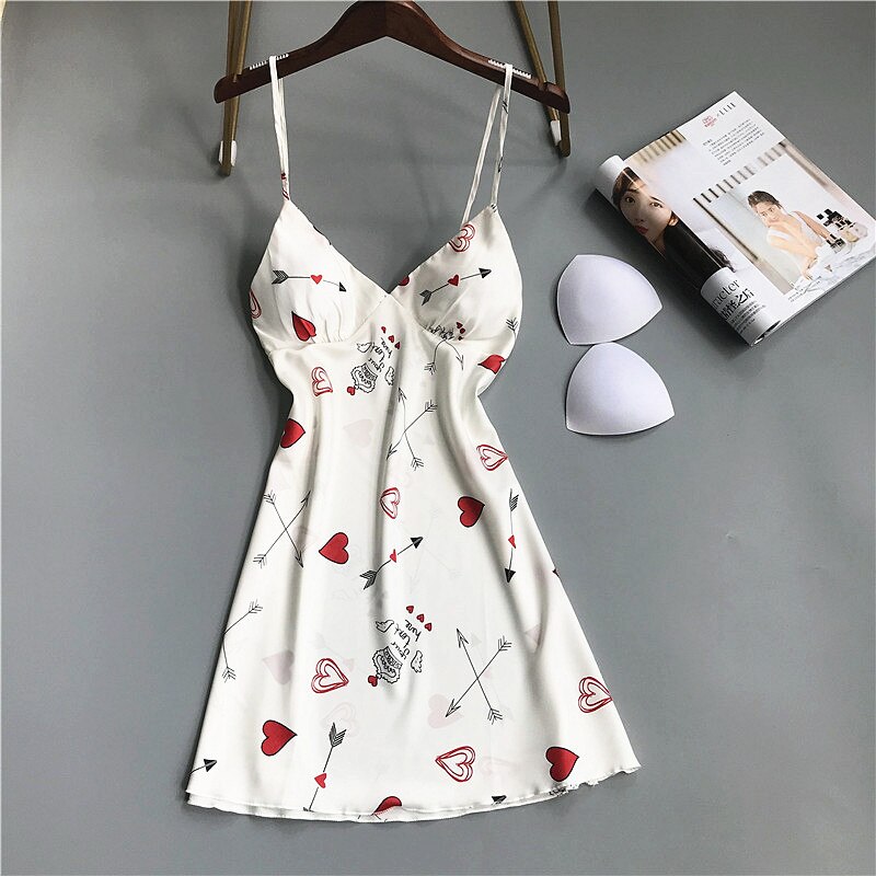 Printed Satin Women Nightgown Sexy Sleepwear Sleeveless Pyjamas with Chest Pad Girl Short Nightdress