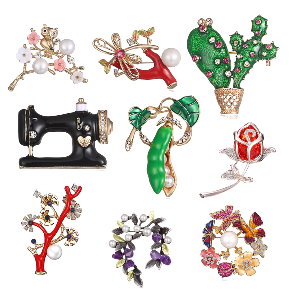 Broche de cristal austríaco para mujer, Broches de flores, joyería a la para boda, invitación, Bijoux, cactus, guisante, macetas para coser mac