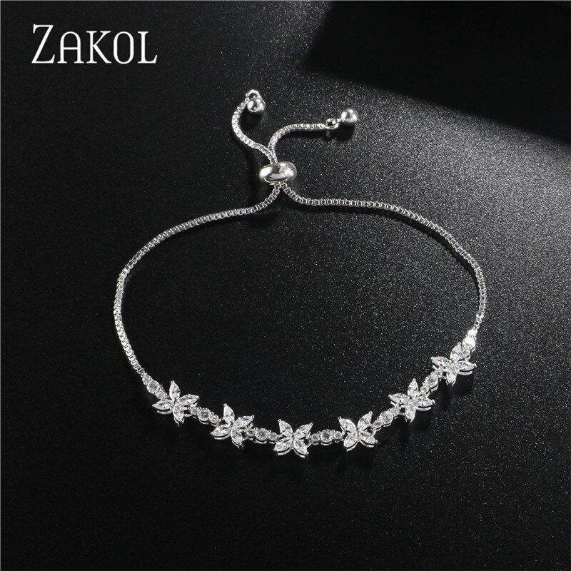 Zakol Vrouwen Wedding Party Cz Zirkoon Bloemen Chain Verstelbare Koord Armbanden FSBP3050: Default Title