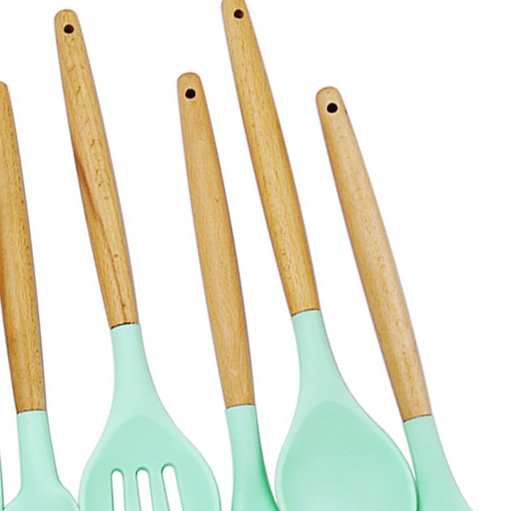 Non-Stick Silicone Kitchen Portable Mini Kitchen Set With Wood Handle Shovel Scraper Colander Food Clip Egg Beater