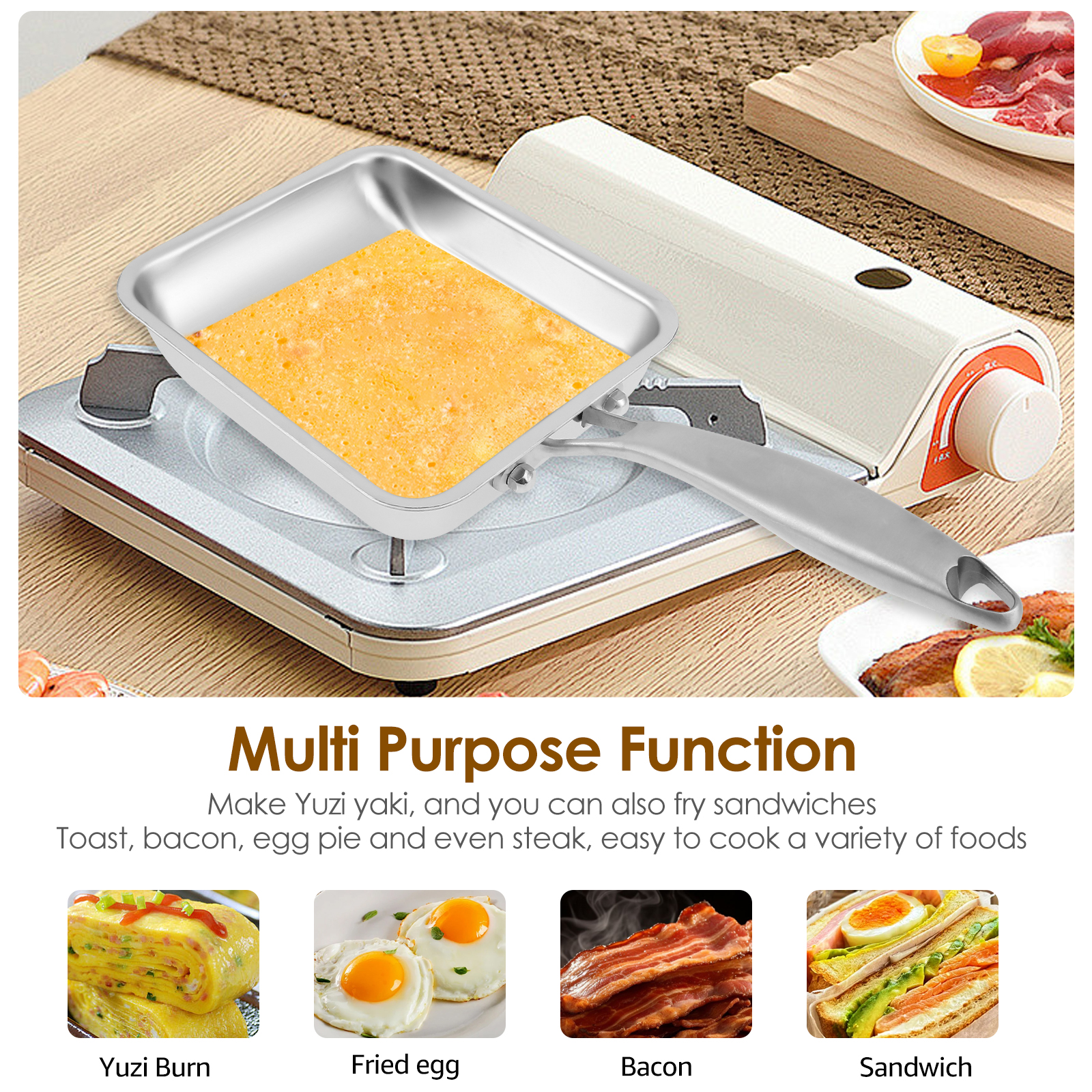 Tamagoyaki Japanese Frying Pan Stainless Steel/Aluminum Alloy Non stick Egg Pan with Handle Multi functional Frying Pan