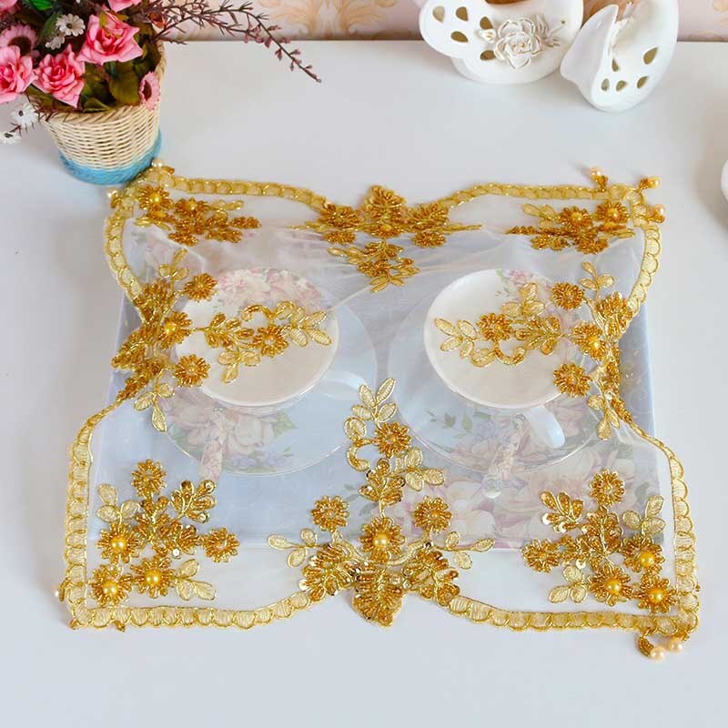 Luxus spitze Gold perlen stickerei ort tisch matt tuch Pad tasse becher gericht deckchen Tee Untersetzer tischset Weihnachten hochzeit küche