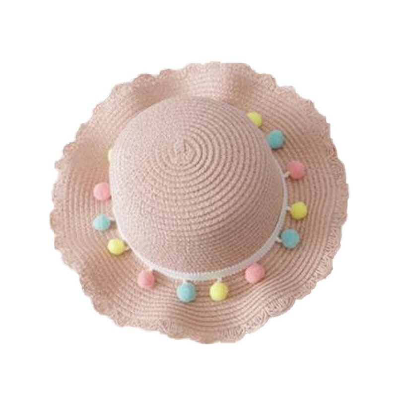 Gorro de paja tejida con ala ancha para niños y niñas, gorro de playa con pompón colorido, cubo flexible, bolso portátil: BB7314PK1