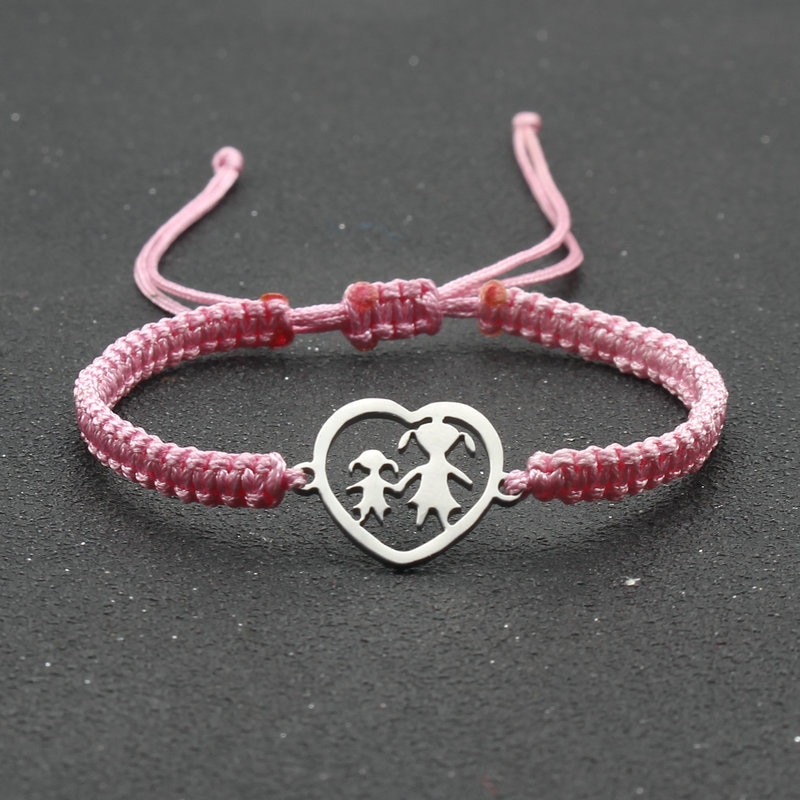 Ręcznie plecione liny bransoletka ze stali nierdzewnej w kształcie serca matka i córka uroku bransoletki dla kobiet biżuteria mankiet Pulsera: Pink