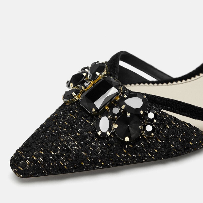 Luxe noir cristal femmes sandales plates Slingback or talon femmes sandales à bout pointu sans lacet d'été Mujer Sandale Femme A072