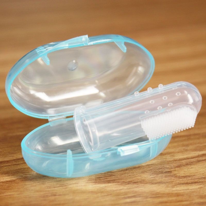 Enfants bébé doigt brosse à dents Silicone brosse à dents + boîte enfant en bas âge infantile dents clair Silicone doux doigt dent brosse dents en caoutchouc: Bleu