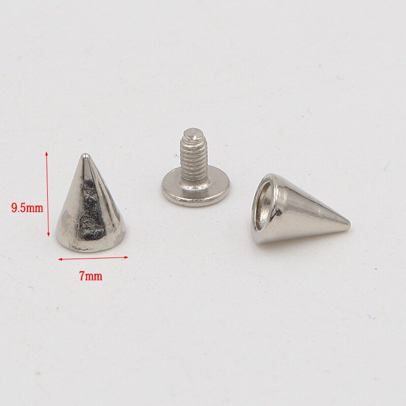 7*10 Mm 100 Sets Zilver Punk Spike Cone Spots Metal Studs Leathercraft Klinknagels Bullet Kleding Tassen Riem Huisdier kragen Garment Klinknagels