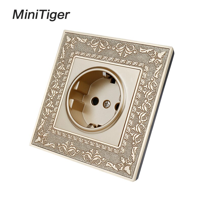 Minitiger 16A Eu Standaard Stopcontact 4D Embossing Retro Zinklegering Panel Stopcontact Ac 110 ~ 250V