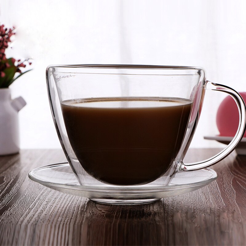 Heat-resistant double coffee cup and saucer set Simple transparent with handle Plate Coffee cup Handmade Office cafe