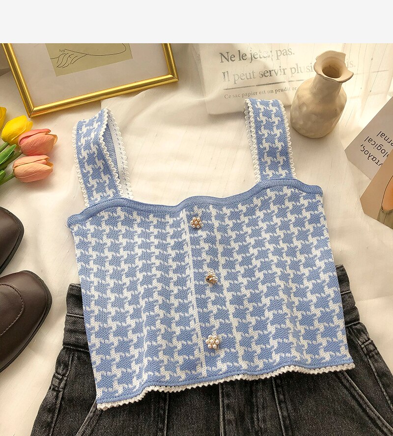 Oudea – débardeur à bretelles en pied-de-poule pour femme, haut court décontracté avec boutons en perles, Vintage, boîte Picto Edge, été: style 1 sky blue