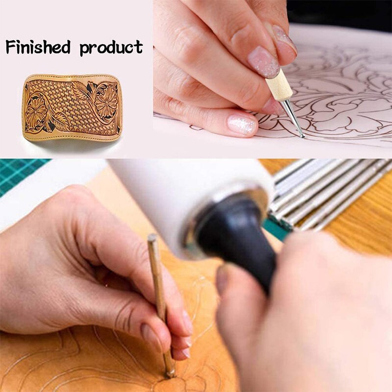 Gereedschap voor het stempelen van leer, set voor het snijden van leer, set voor het snijden van leer met een hamer, stempel en stift voor het maken van leer.