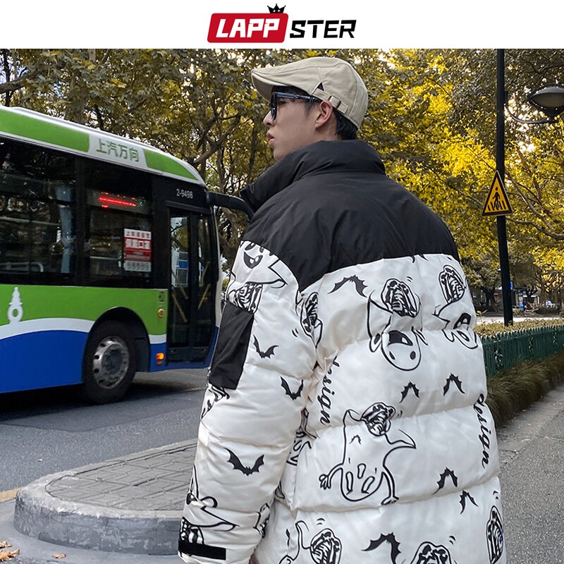 Lappster herr japansk streetwear svart pufferjacka herr harajuku patchwork vinter bubbelrockar manlig spöke hip hop parka