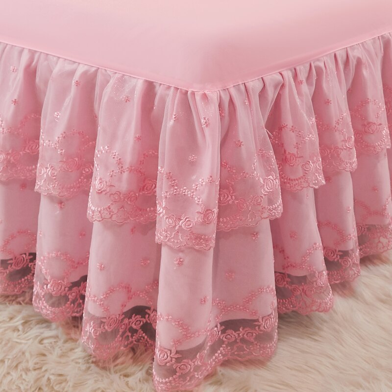 Stickerei Spitze Prinzessin Bett Felsen Doppel Schicht Rüschen Bettlaken Königin Größe Bett Dekoration Röcke Kissen Hochzeit #/
