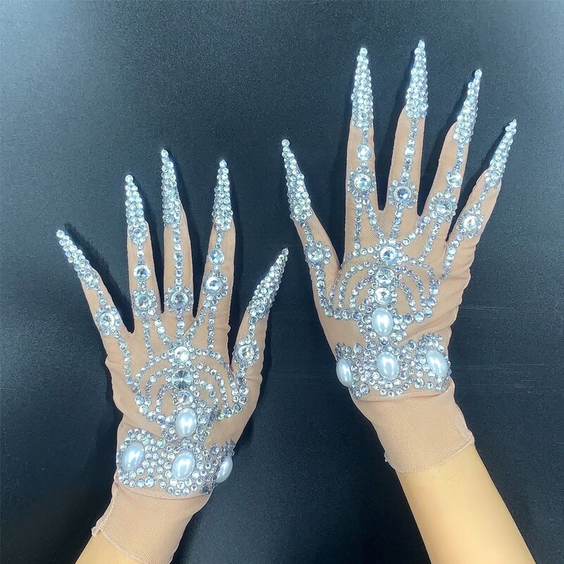 Full rhinestone long nails gloves Mesh stage performance gloves bar nightclub GOGO dance wear party festival Rave