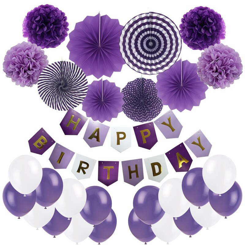 Bursdag baby shower bryllupsfest dekorasjon banner ballonger silkepapir pom-poms fans blomster dekor rosa grønn blå svart: Lilla