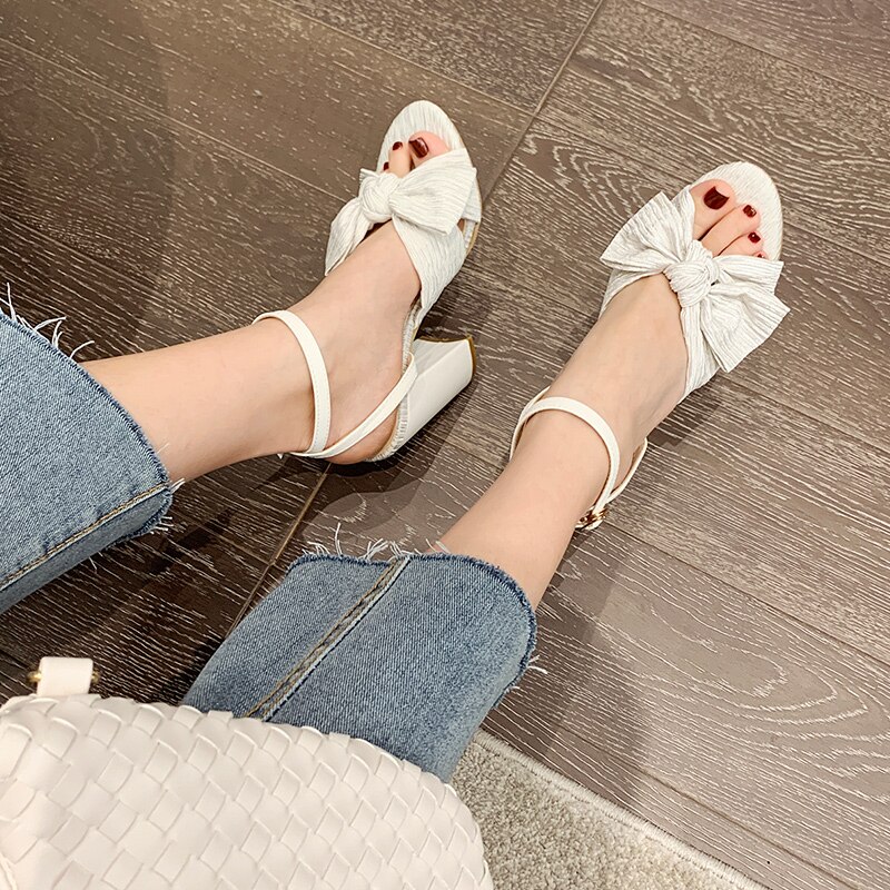 ¡Novedad de ! Sandalias Suollavie sólidas para mujer, sandalias blancas de tacón alto con nudo de mariposa, zapatos con hebilla para oficina para mujer, sandalias elásticas de tela para mujer