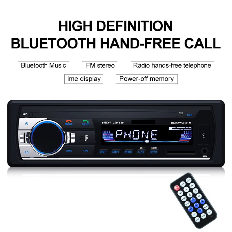 Car Bluetooth Autoradio Car Stereo Radio Aux Input Receiver SD USB JSD-520 12V In- 1 din Car MP3 Multimedia Player