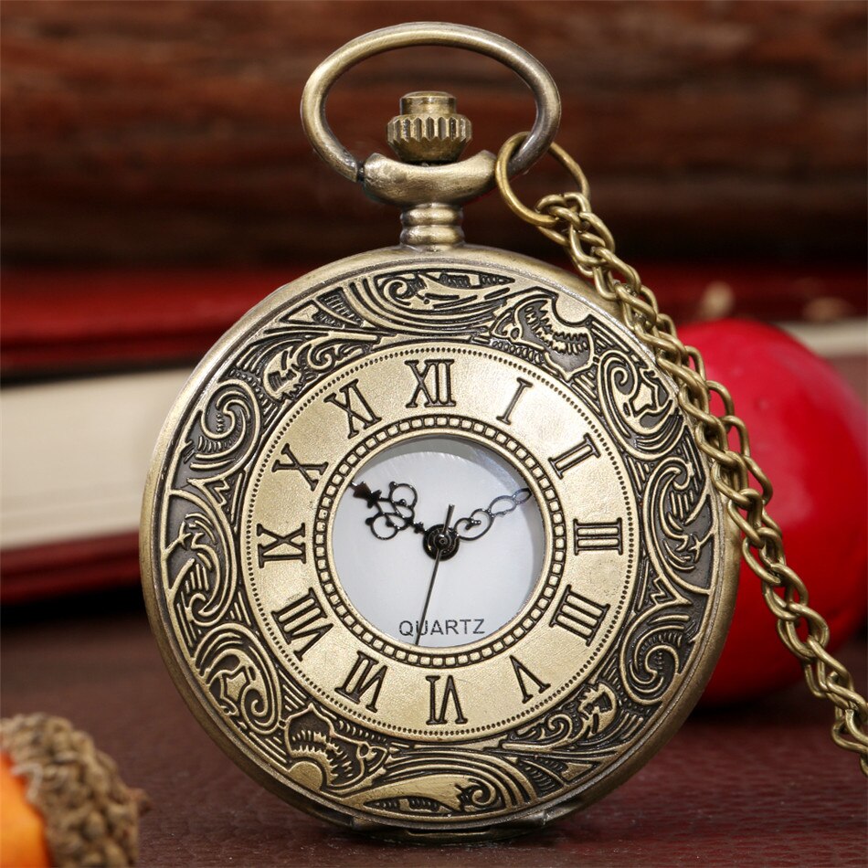 Classic Retro Bronze Roman Numerals Quartz Pocket Watch Half Hunter Arabic Numerals Display Dial Unisex Pendant Pocket Clock