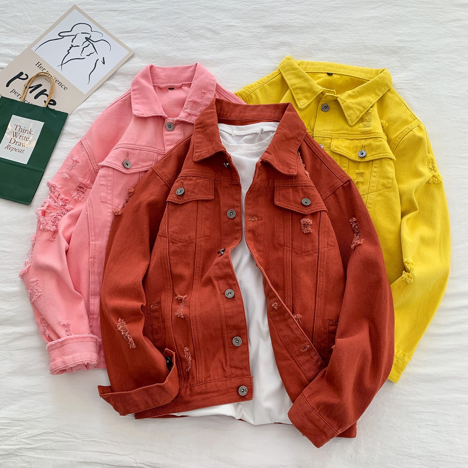 Jaqueta Masculino Spring Denim Jacket Men Turn Down Collar Simple Slim Fit Men Jacket Long Sleeve Hole Jeans Jacket Men: red / XL