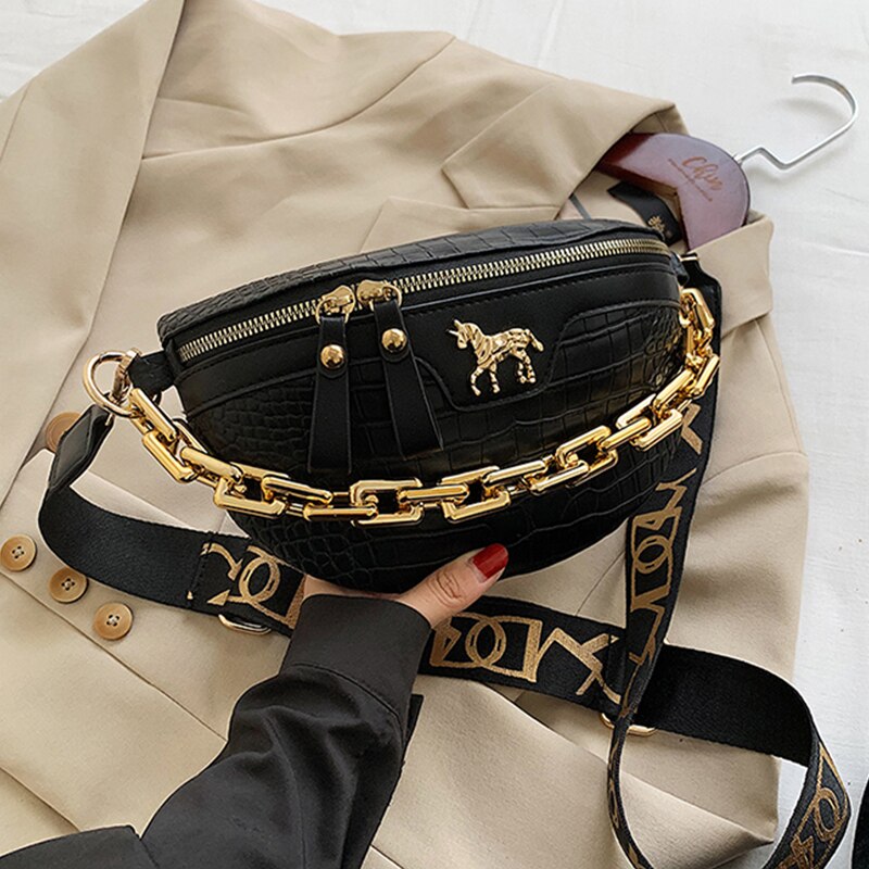 Bolso pequeño de piel sintética para mujer, bolsa de pecho a la , con cadena y cinturón de viaje,: upgrade black