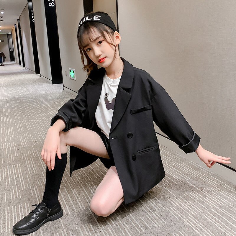 4-14 años chaqueta para niños y niñas blazer negro, otoño de los niños prendas de vestir ropa para 12 años chica adolescente traje de la ropa de los niños